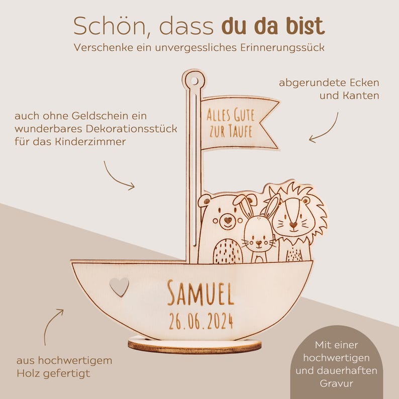 May include: Wooden sailboat with a bear, rabbit and lion on board. The sailboat has a flag that says "Alles Gute Zur Taufe". The sailboat is engraved with the name "Samuel" and the date "26.06.2024".