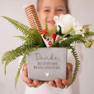 Può includere: Un vaso quadrato in cemento grigio con il testo "Danke, DASS DU MIR BEIM WACHSEN GEHOLFEN HAST." e un piccolo cuore bianco. Il vaso contiene fronde di felce verdi, una rosa bianca, fiori bianchi, un tubo trasparente di biscotti e barrette.