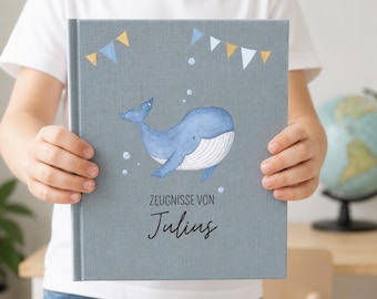 Zeugnismappe Wal, Zeugnis personalisiert, Zeugnismappe Jungen, Zeugnismappe Leinen, Zeugnisordner Junge, Zeugnismappe blau
