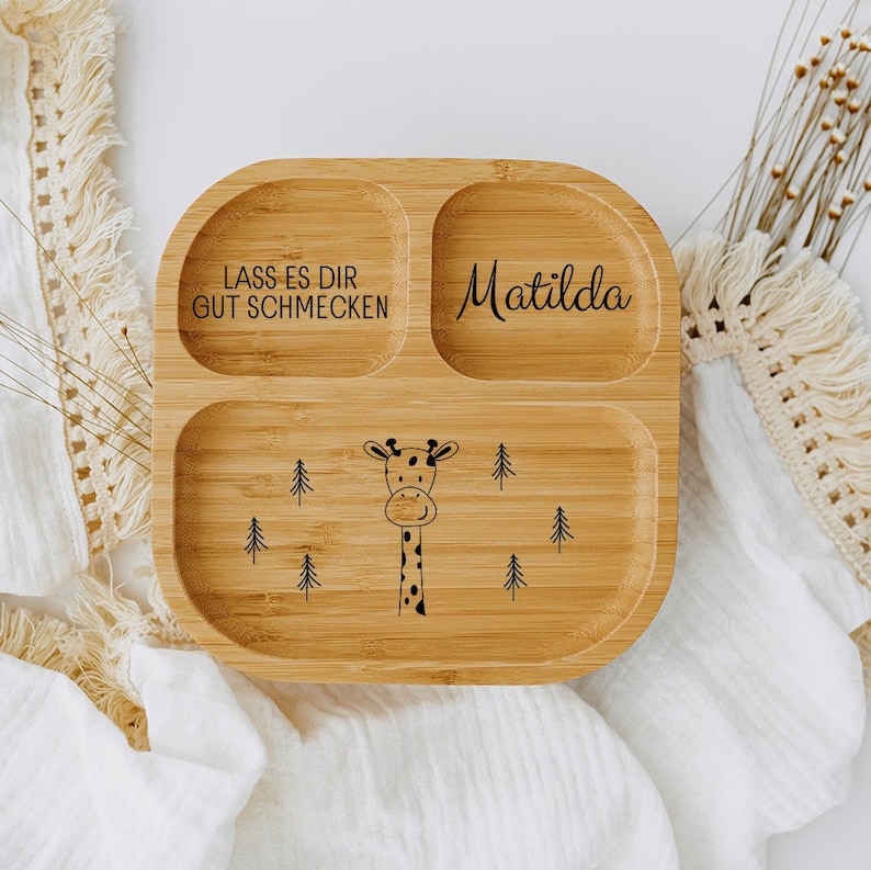 Assiette enfant, cadeau baptême, assiette bébé personnalisée, baptême, cadeau naissance, assiette bambou enfants, assiette bébé, naissance, souhait d'un miracle Giraffe