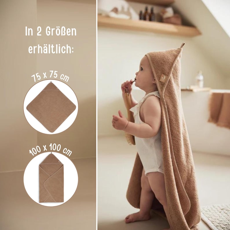 May include: A baby wearing a hooded brown towel, with the text "In 2 Sizes available: 75 x 75 cm" and "100 x 100 cm". The baby is holding a wooden brush. The towel is a light brown color.