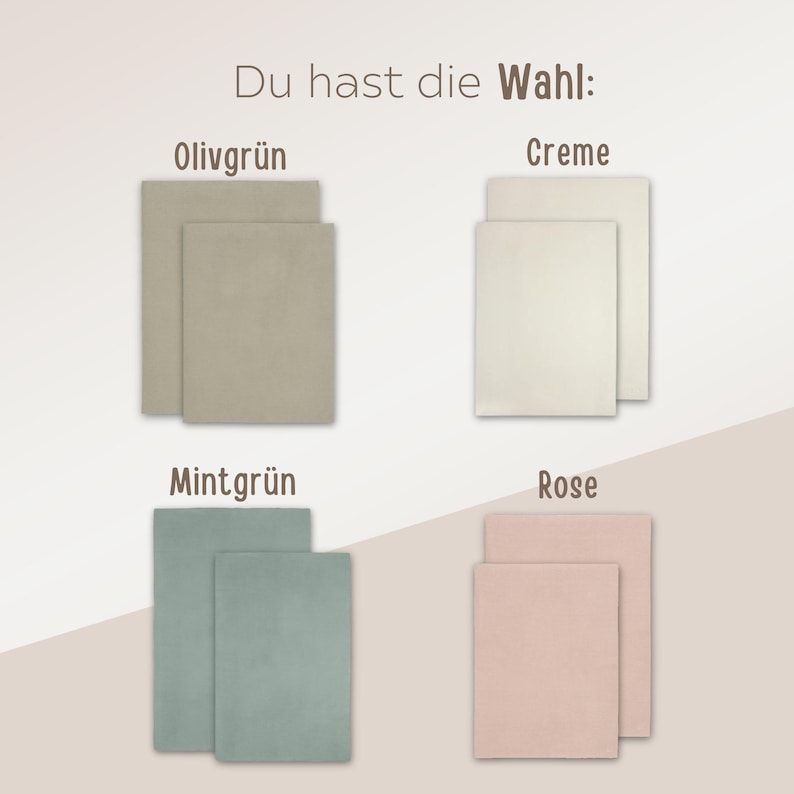 Puede incluir: Imagen de cuatro conjuntos de muestras de tela rectangulares en varios colores: verde oliva, crema, verde menta y rosa. El texto "Du hast die Wahl:" est&aacute; en la parte superior. Cada conjunto incluye dos muestras.