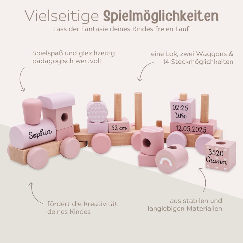 May include: A wooden toy train set in shades of pink and natural wood. The train features the name "Sophia", and includes a locomotive, two wagons, and various stacking blocks. The set is 52 cm long and weighs 3520 grams.