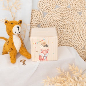 Spardose, Spardose Kind, Spardose personalisiert, Spardose Holz, Kids and Baby, Babygeschenke, Spardose Baby, Taufe Fuchs