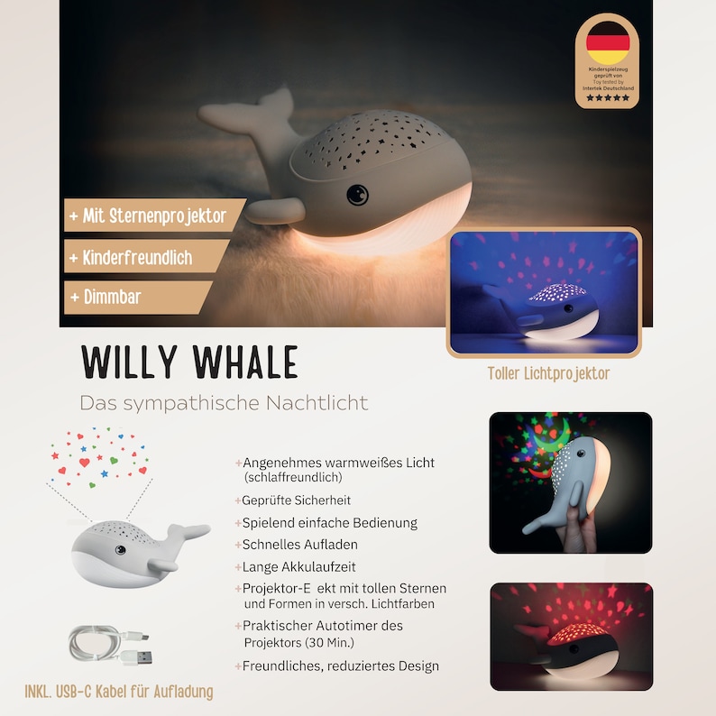 May include: A grey whale-shaped night light with a star-patterned projector on its back. The device emits a warm white glow from its underside and projects colorful stars and shapes. It includes a USB-C charging cable and features text labels.