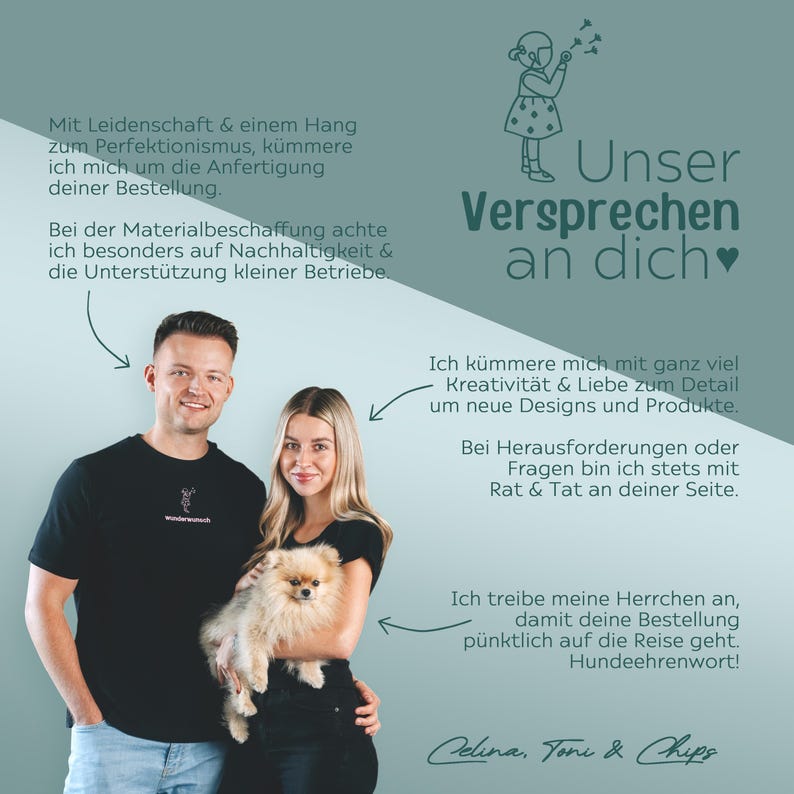 May include: A promotional graphic featuring a man and a woman holding a small, fluffy, light-brown Pomeranian dog. The background is split diagonally between dark and light teal. German text is overlaid throughout, including the heading Unser Versprechen an dich, with a small illustration of a child blowing dandelion seeds at the top right corner.