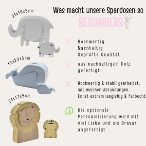 Spardose Kind, Spardose personalisiert, Spardose Tier, Kindergeschenke, Ostern Kind, Spardose Wal, Spardose Löwe, Spardose Elefant zdjęcie 9