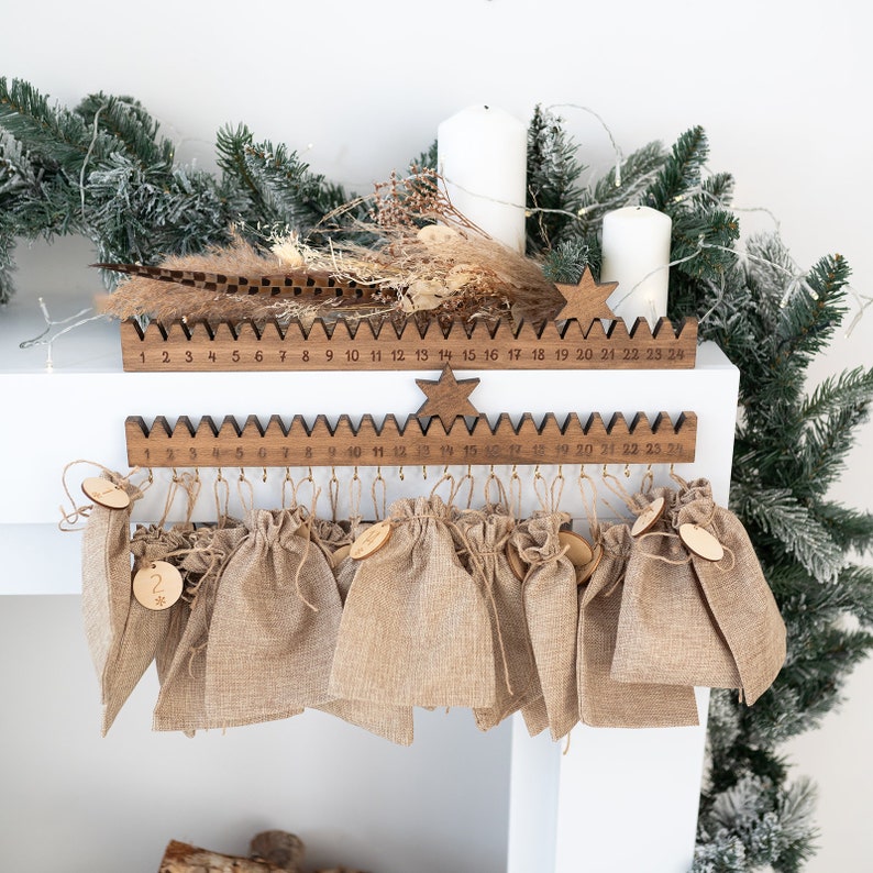 Adventskalender Holz mit Stern, Adventskalender Kinder, Adventskalender personalisiert, Weihnachten Deko, Adventskalender Holzleiste dunkles Holz