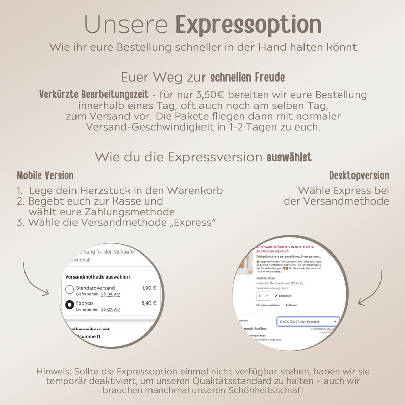 K&ouml;nnte beinhalten: Ein Screenshot einer Website, auf der zwei Versandoptionen angezeigt werden: Standardversand mit einer Lieferzeit vom 25. bis 30. April und Expressversand mit einer Lieferzeit vom 25. bis 27. April. Die Expressversandoption ist ausgew&auml;hlt und kostet 5,40 &euro;. Die Website zeigt auch ein Textfeld mit der &Uuml;berschrift &bdquo;Unsere Expressoption&ldquo; und dem Text &bdquo;So w&auml;hlen Sie die Expressversion aus&ldquo;.