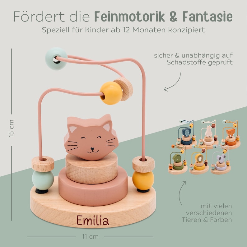 Peut inclure: Un jeu de labyrinthe de perles en bois avec un design de chat. Le jouet mesure 15 cm de haut et 11 cm de large, avec un cadre rose, des perles en bois et un dessus en forme de chat. La base est grav&eacute;e du nom "Emilia".