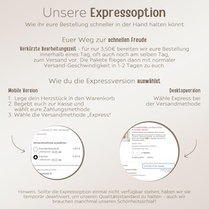 Puede incluir: Imagen con texto en alem&aacute;n que detalla una opci&oacute;n de env&iacute;o expr&eacute;s. El texto explica c&oacute;mo seleccionar el env&iacute;o expr&eacute;s en las versiones m&oacute;vil y de escritorio. Incluye capturas de pantalla del proceso de pago, destacando la opci&oacute;n de env&iacute;o expr&eacute;s.