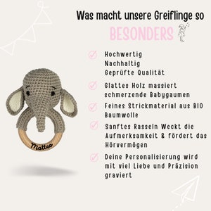 Babygeschenk Geburt, Babyrassel, Rassel Baby, Rassel Elefant, Baby Rassel, Kommunion Geschenk, Elefant Beißring Bild 8