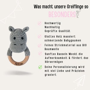 Babygeschenke, Babyrassel, Geschenk Geburt, Rassel Baby, Kids and Baby, Geburt, Rassel personalisiert Nilpferd