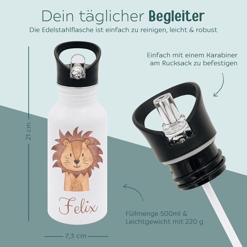 May include: A white stainless steel water bottle featuring a brown lion illustration and the name Felix. It measures 21 cm in height and 7.3 cm in width, with a 500 ml capacity and 220 g weight. Includes a black cap with a carry loop and straw.