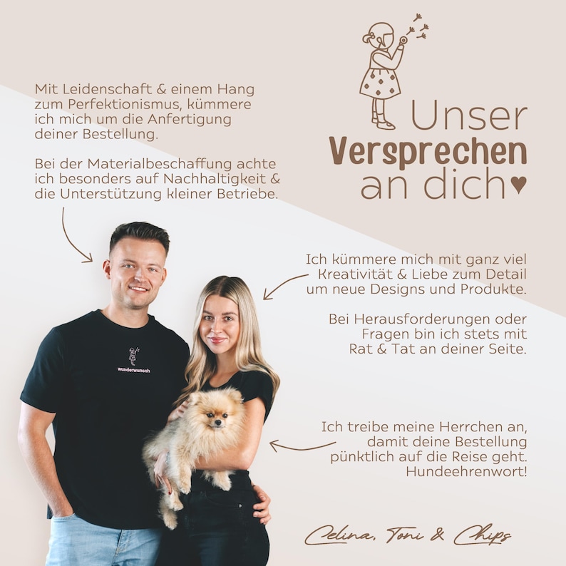 May include: A promotional image featuring a man and a woman, both smiling, with a small dog. Text in German includes "Unser Versprechen an dich" and promises about product creation, design, and customer service. The image has a light brown background.