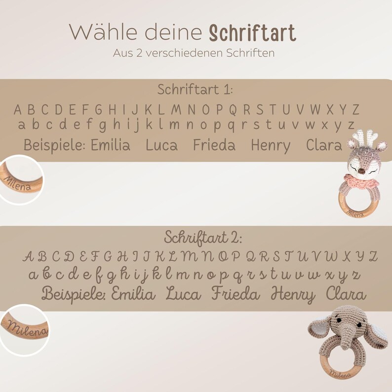 K&ouml;nnte beinhalten: Zwei Schriftarten f&uuml;r eine personalisierte Babyrassel. Die erste Schriftart ist eine klassische Serifenschrift, die zweite ist eine l&auml;ssigere Kursivschrift. Beispiele f&uuml;r Namen in jeder Schriftart sind: Emilia, Luca, Frieda, Henry und Clara.
