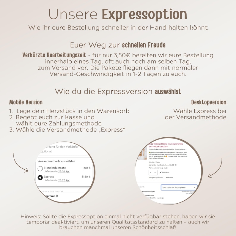 May include: A screenshot of a website showing two different ways to choose express shipping. The mobile version shows a selection box with two options: Standard Shipping and Express Shipping. The desktop version shows a selection box with the option to choose Express Shipping.