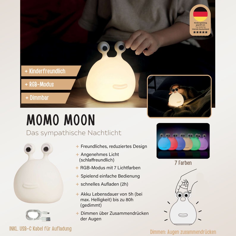 May include: A white, snail-shaped silicone nightlight named MOMO MOON with two protruding eyes. It features RGB lighting with seven colors, dimmable settings, and a USB-C charging cable. The light is operated by pressing the eyes, offering up to 80 hours of battery life on the lowest setting.