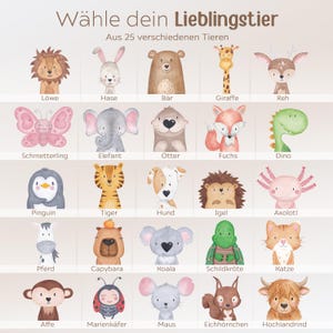 Puede incluir: Una cuadr&iacute;cula de 25 ilustraciones de animales en acuarela con el texto "W&auml;hle dein Lieblingstier" y "Aus 25 verschiedenen Tieren" en la parte superior. Los animales incluyen le&oacute;n, conejo, oso, jirafa, ciervo, mariposa, elefante, nutria, zorro, dinosaurio, ping&uuml;ino, tigre, perro, erizo, ajolote, caballo, capibara, koala, tortuga, gato, mono, mariquita, rat&oacute;n, ardilla y vaca highland.