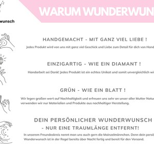 May include: A pink and white graphic with the text "WARUM WUNDERWUNSCH" at the top. Below, text describes handmade products, uniqueness, sustainability, and personalized wishes. The brand name "wunderwunsch" is in the upper left corner.