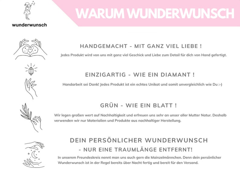 May include: A pink and white graphic with the text "WARUM WUNDERWUNSCH" at the top. Below, text describes handmade products, uniqueness, sustainability, and personalized wishes. The brand name "wunderwunsch" is in the upper left corner.