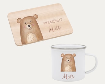 Geschenkset Frühstücksbrett + Emaille Tasse, Taufgeschenk, Brettchen personalisiert, Wunderwunsch, Geschenk Geburt, Babygeschenk