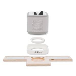 Może przedstawiać: Szary i biały odtwarzacz audio z czarnymi uszami kota. Odtwarzacz ma głośnik z motywem kociej twarzy. Zawiera biały pierścień, białą podstawę z napisem "Julian" i drewniany stojak z lustrami.