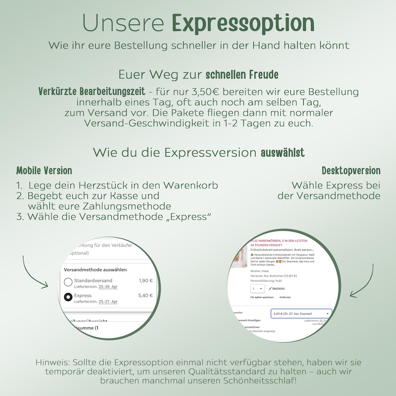 May include: A screenshot of a website showing two different ways to choose express shipping. The mobile version shows a selection box with two options: Standard Delivery and Express. The desktop version shows a screenshot of a website with a text box that says "W&auml;hle Express bei der Versandmethode".