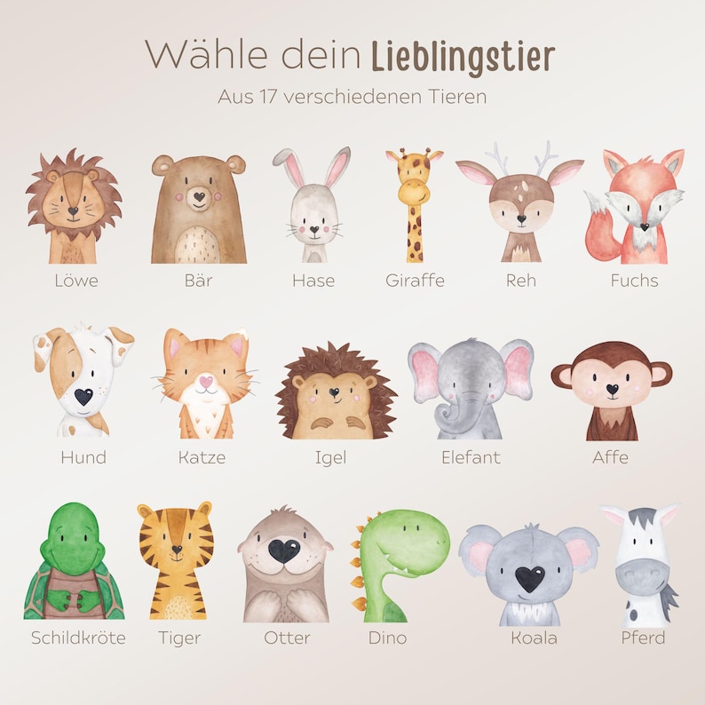 May include: A colorful chart with 17 different animal illustrations, each with a German name underneath. The animals include a lion, bear, rabbit, giraffe, deer, fox, dog, cat, hedgehog, elephant, monkey, turtle, tiger, otter, dinosaur, koala, and horse.