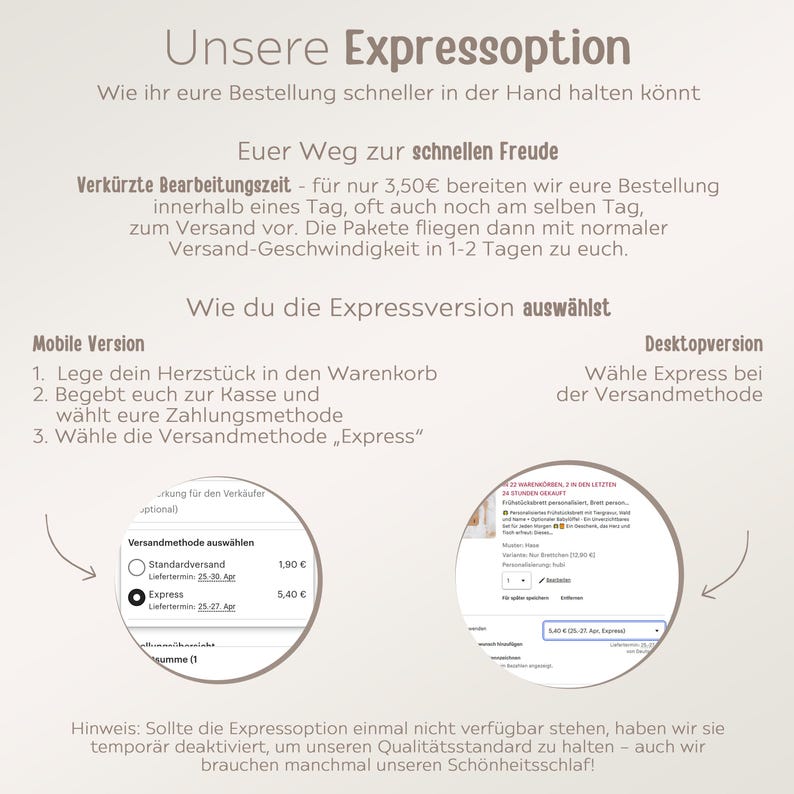 May include: A screenshot of a website showing two options for shipping: Standard Shipping with a delivery date of April 25-30 and Express Shipping with a delivery date of April 25-27. The text on the website says "Our Express Option" and "How to choose the Express Version".