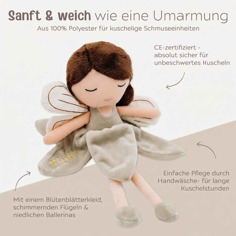 May include: A soft, plush doll in the shape of a fairy, with brown hair and closed eyes. The doll wears a light green dress and has matching wings. The text on the doll says "Finja". The doll is made of 100% polyester.