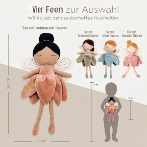 May include: A selection of plush fairy dolls, each with a unique hairstyle and dress color. The dolls are approximately 12.6 inches tall and 6.7 inches wide. The image includes text in German, indicating a choice of four fairies.