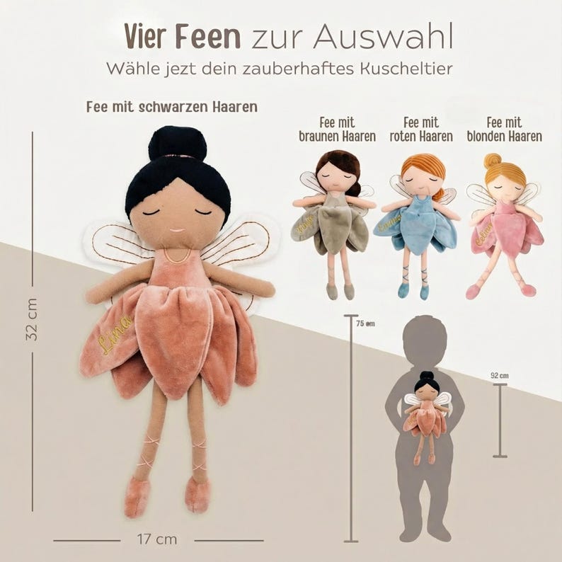 May include: A selection of plush fairy dolls, each with a unique hairstyle and dress color. The dolls are approximately 12.6 inches tall and 6.7 inches wide. The image includes text in German, indicating a choice of four fairies.