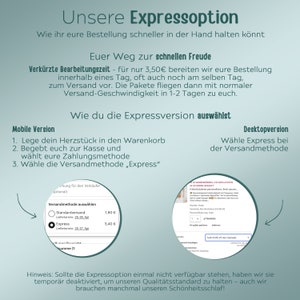 May include: An informational graphic with a light green background explaining an express shipping option. It includes text instructions for mobile and desktop users, along with two circular screenshots showing how to select the express shipping method.