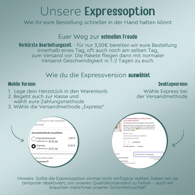 May include: An informational graphic with a light green background explaining an express shipping option. It includes text instructions for mobile and desktop users, along with two circular screenshots showing how to select the express shipping method.