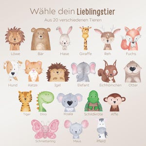May include: A digital chart titled "W&auml;hle dein Lieblingstier Aus 20 verschiedenen Tieren" featuring twenty watercolour-style animal illustrations including a lion, bear, rabbit, giraffe, deer, fox, dog, cat, hedgehog, elephant, squirrel, otter, tiger, dinosaur, koala, turtle, monkey, butterfly, mouse, and horse.