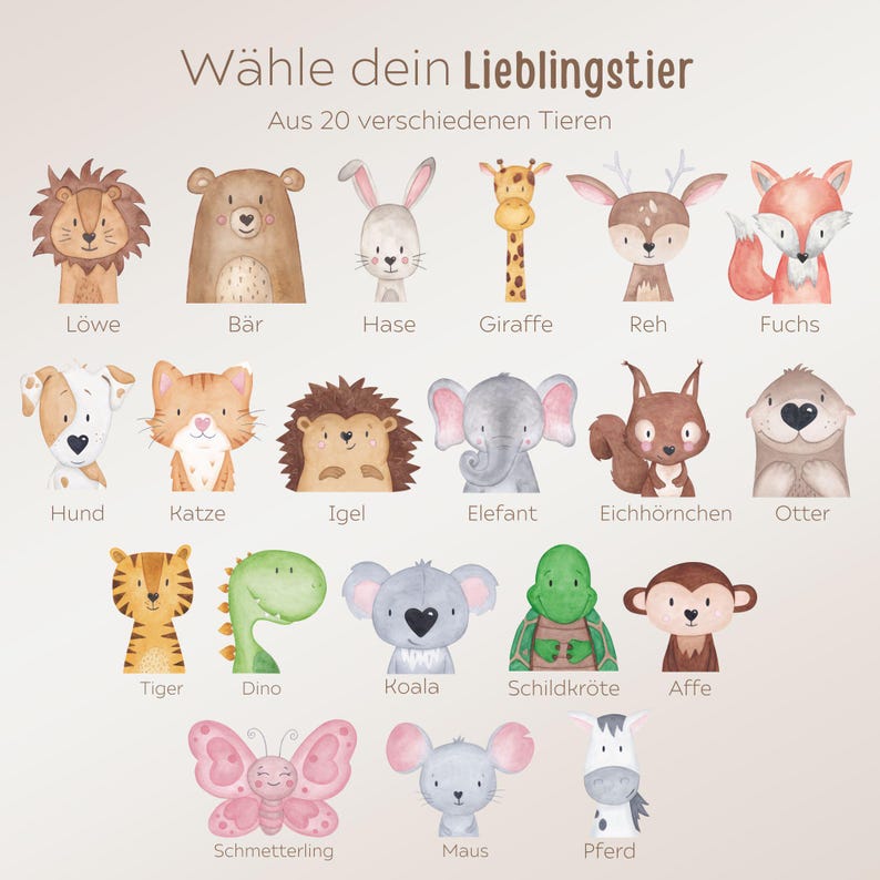 May include: A digital chart titled "W&auml;hle dein Lieblingstier Aus 20 verschiedenen Tieren" featuring twenty watercolour-style animal illustrations including a lion, bear, rabbit, giraffe, deer, fox, dog, cat, hedgehog, elephant, squirrel, otter, tiger, dinosaur, koala, turtle, monkey, butterfly, mouse, and horse.