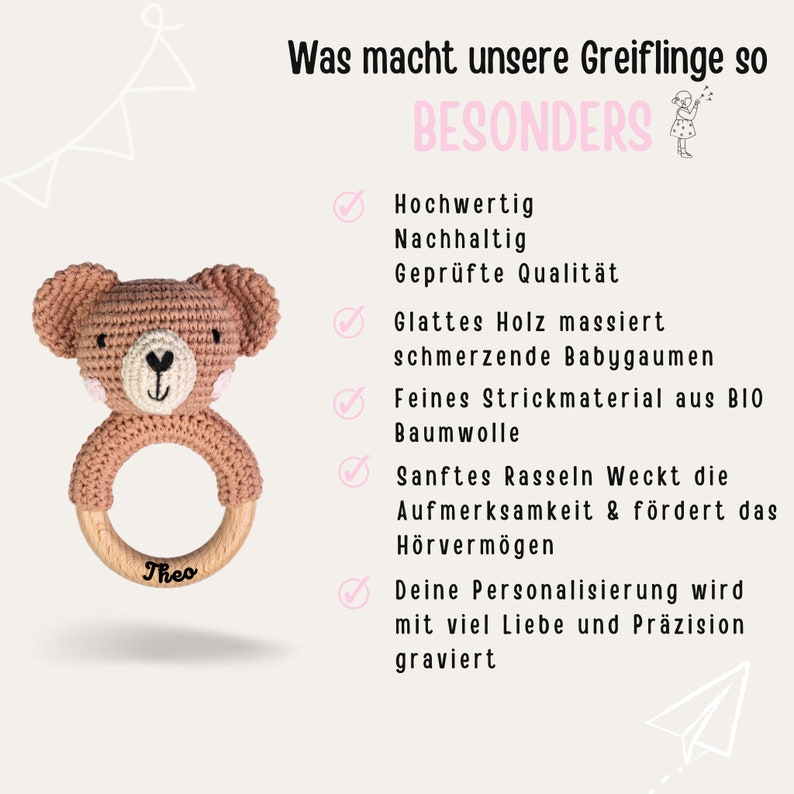 Babygeschenke, Rassel Baby, Greifling, Rassel personalisiert, Zwillinge Geschenk Geburt, Greifling Bär, Geburt Geschenk, Greifling Hase Bild 6