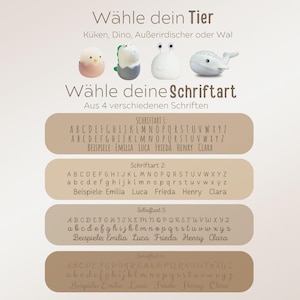 May include: Four small silicone night lights shaped like a chick, dinosaur, alien, and whale. Below, four horizontal tan bars display different font styles labeled Schriftart 1 through 4, showing the alphabet and example names like Emilia and Luca.