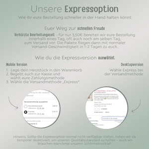 Peut inclure: Visuel avec du texte allemand expliquant une option d'exp&eacute;dition express. L'image comprend des captures d'&eacute;cran des processus de paiement mobile et de bureau, soulignant la s&eacute;lection de l'exp&eacute;dition express. Le texte mentionne &eacute;galement un d&eacute;lai de traitement r&eacute;duit.