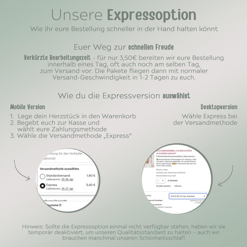 Peut inclure: Visuel avec du texte allemand expliquant une option d'exp&eacute;dition express. L'image comprend des captures d'&eacute;cran des processus de paiement mobile et de bureau, soulignant la s&eacute;lection de l'exp&eacute;dition express. Le texte mentionne &eacute;galement un d&eacute;lai de traitement r&eacute;duit.