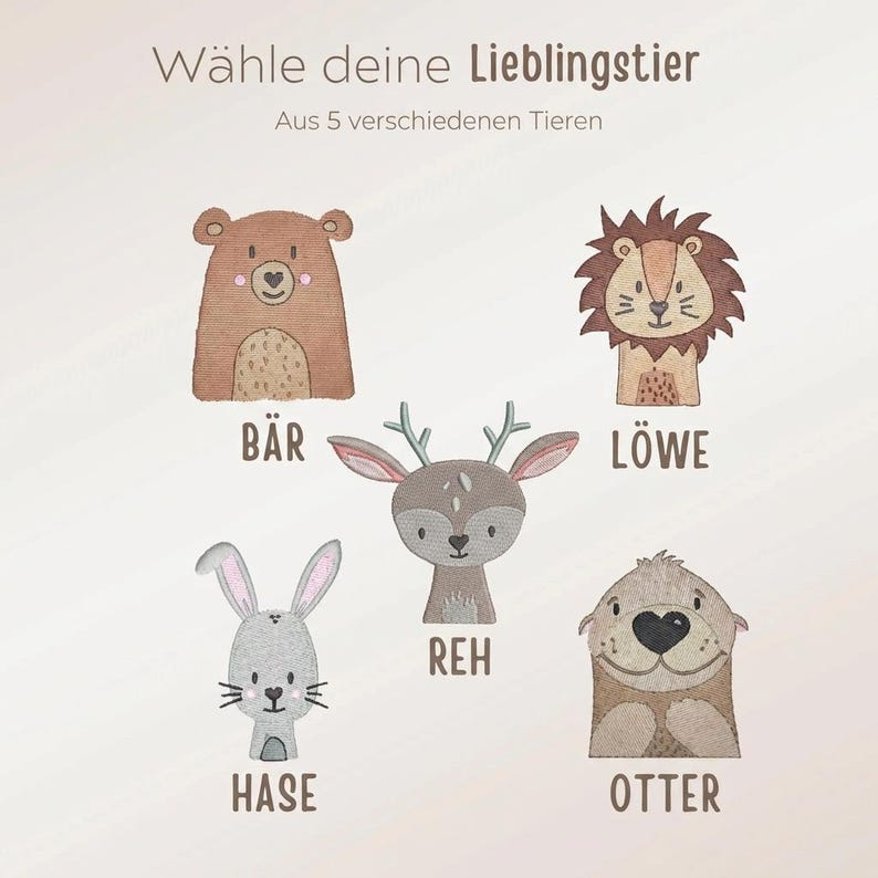 Puede incluir: Ilustraci&oacute;n de cinco animales de dibujos animados: un oso, un le&oacute;n, un ciervo, un conejo y una nutria. Cada animal est&aacute; representado en un estilo sencillo y amigable, con colores suaves y su nombre en alem&aacute;n. El texto superior dice "W&auml;hle deine Lieblingstier" y "Aus 5 verschiedenen Tieren".