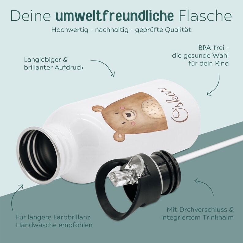 May include: A white water bottle featuring a brown bear illustration and the name Oskar in cursive script. The bottle includes a black screw-top lid with an integrated straw. Text on the image highlights features like BPA-free material and print quality.