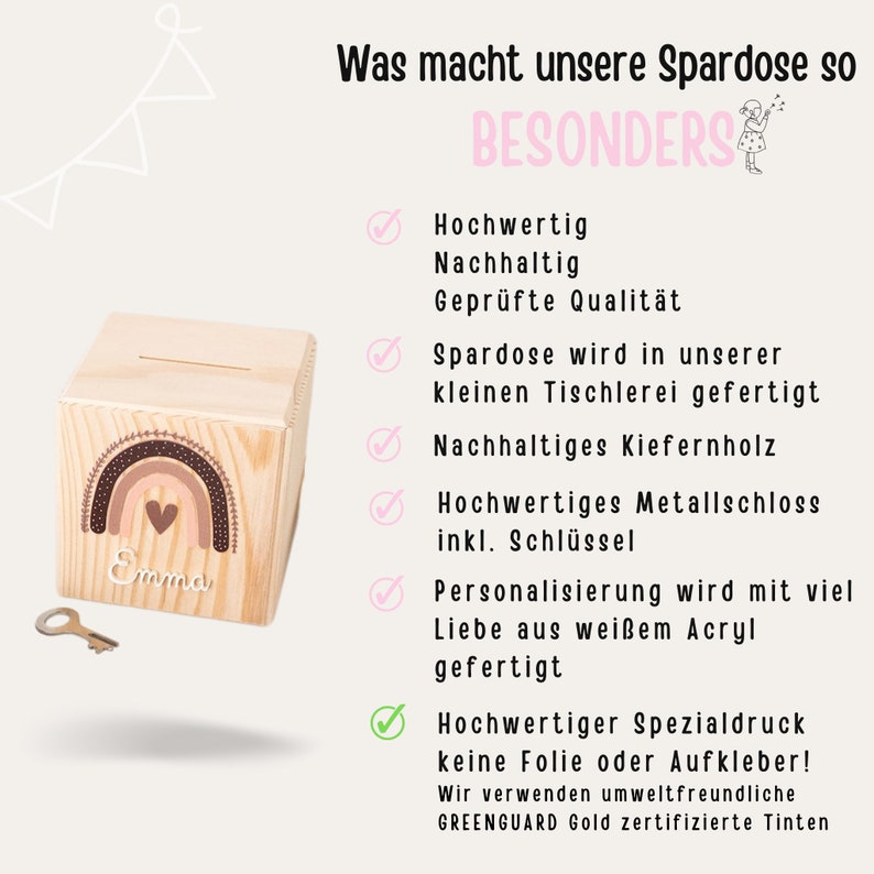 Spardose personalisiert, Spardose Mädchen, Spardose personalisiert, Spardose Holz, Taufgeschenk Mädchen, Spardose Regenbogen Bild 4