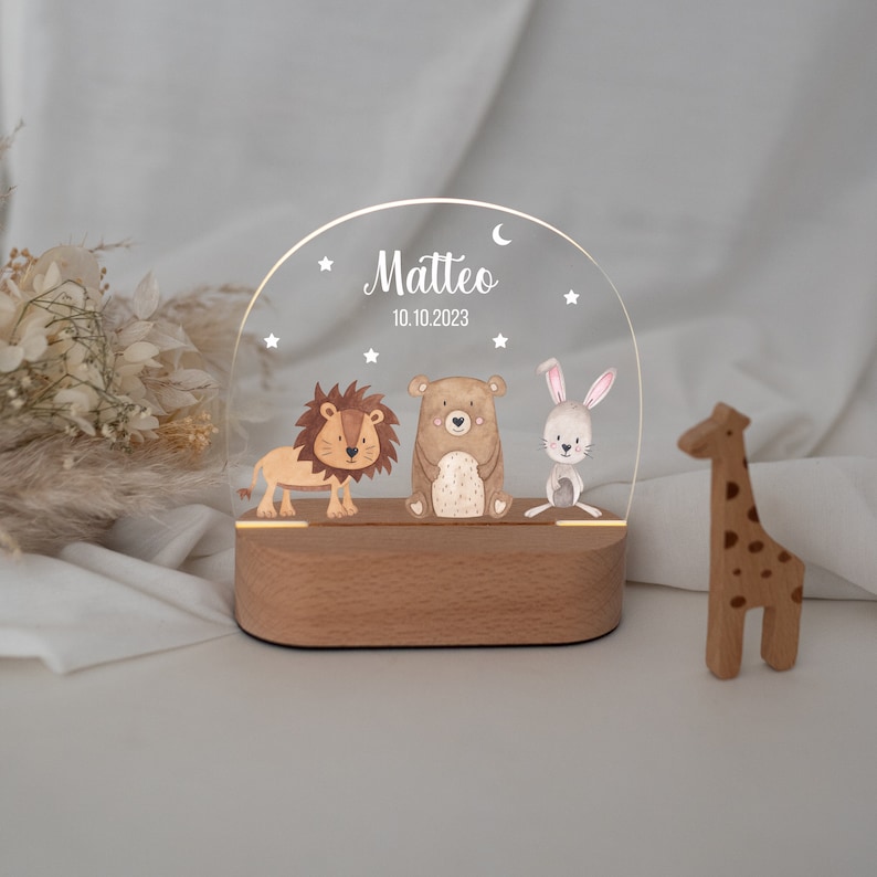 Kindernachtlicht, Nachtlicht, Nachtlicht personalisiert Akku, Babygeschenk, Nachtlampe Baby, Kinderlicht dimmbar, Geburt Tiere Sternenhimmel