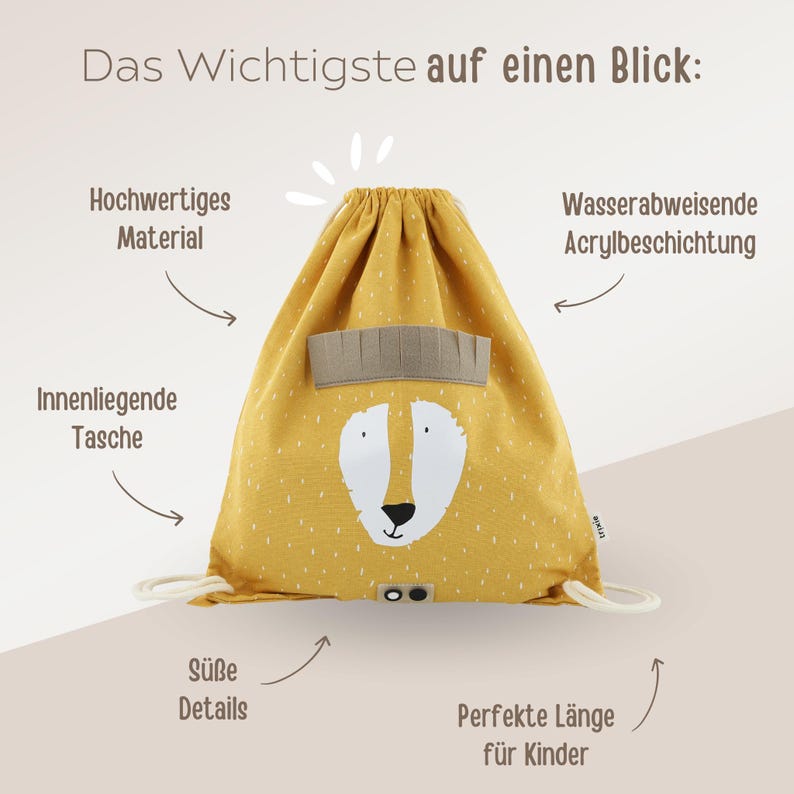 May include: A yellow drawstring bag with a cute fox face design. The bag has a small inner pocket and is made of water-resistant material. The bag is perfect for kids.