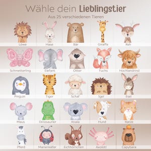 Puede incluir: Una cuadr&iacute;cula de 25 ilustraciones de animales estilo acuarela con el texto "W&auml;hle dein Lieblingstier" y "Aus 25 verschiedenen Tieren" en la parte superior. Los animales incluyen le&oacute;n, conejo, oso, jirafa, ciervo, mariposa, elefante, nutria, zorro, vaca highland, ping&uuml;ino, tigre, oveja, erizo, burro, rat&oacute;n, dinosaurio, koala, perro, gato, caballo, mariquita, ardilla, ajolote y capibara.
