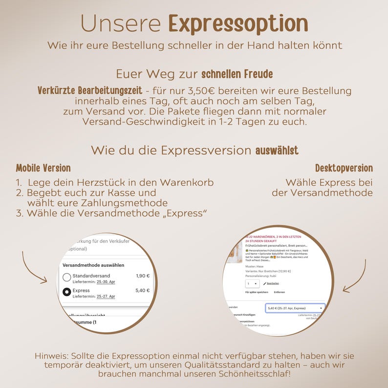 May include: A screenshot of a website showing two different ways to choose express shipping. The mobile version shows a selection box with two options: Standard Shipping and Express Shipping. The desktop version shows a checkout page with a selection box for shipping methods, including Express Shipping.
