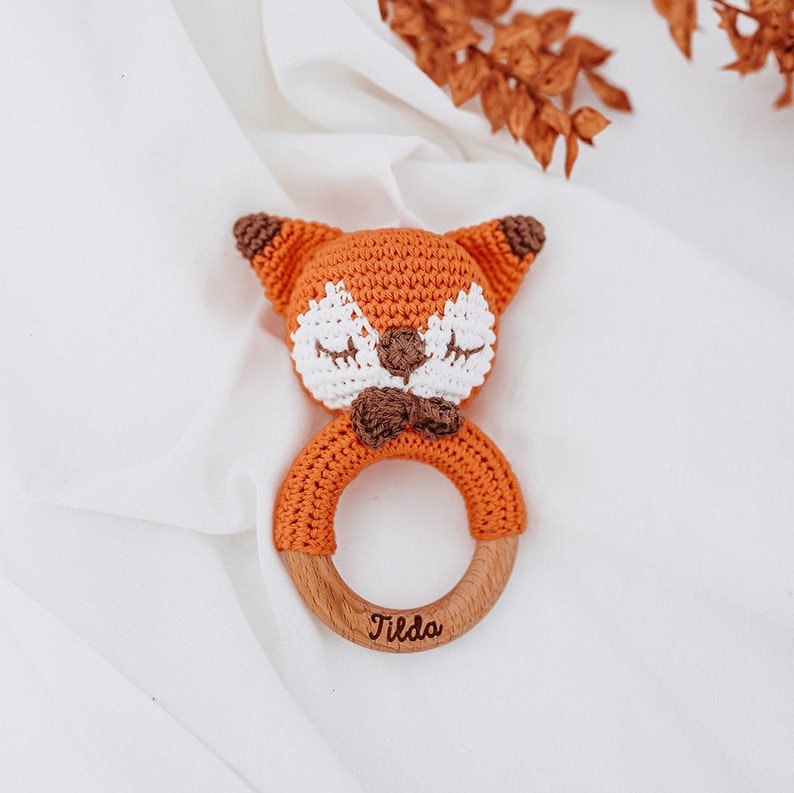 Babygeschenke, Babyrassel, Rassel Baby, Beißring personalisiert, Geschenk Geburt, Rassel personalisiert, Baby, Taufe Geschenk Fuchs