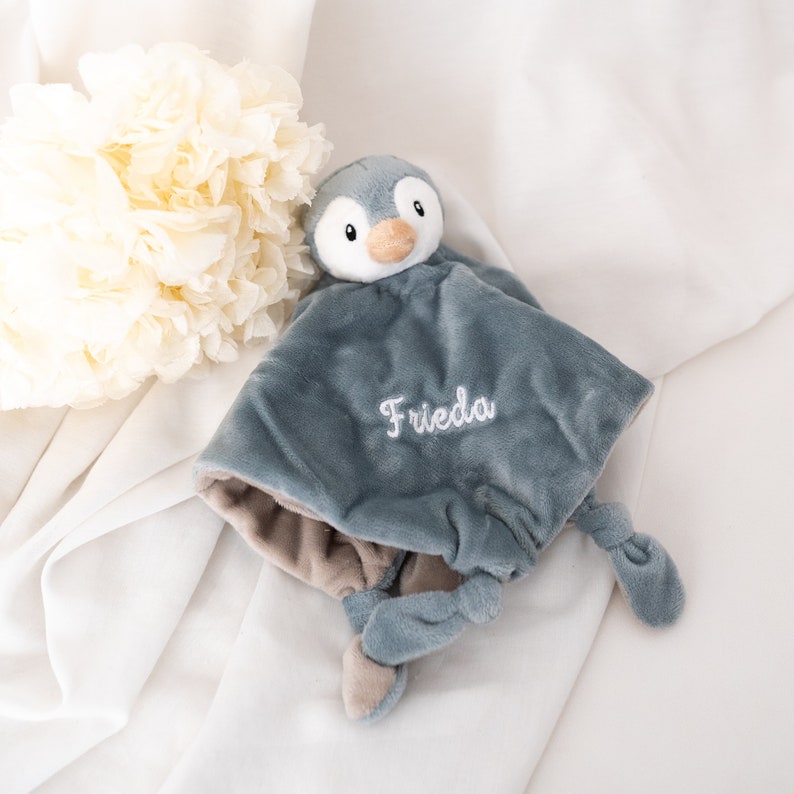 Schnuffeltuch, Schmusetuch personalisiert, Geschenke für Babys, Geburt, Baby, Schmusetuch personalisiert, Kids and Baby Pinguin babyblau